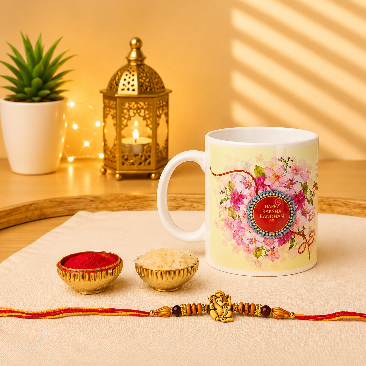 Designer Rakhi & Printed Mug Gift Combo with Roli Rice