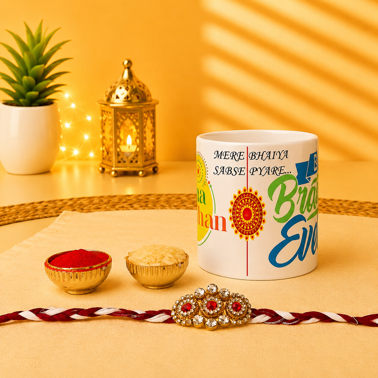 Raksha Bandhan Printed Mug Combo with Rakhi, Roli & Rice